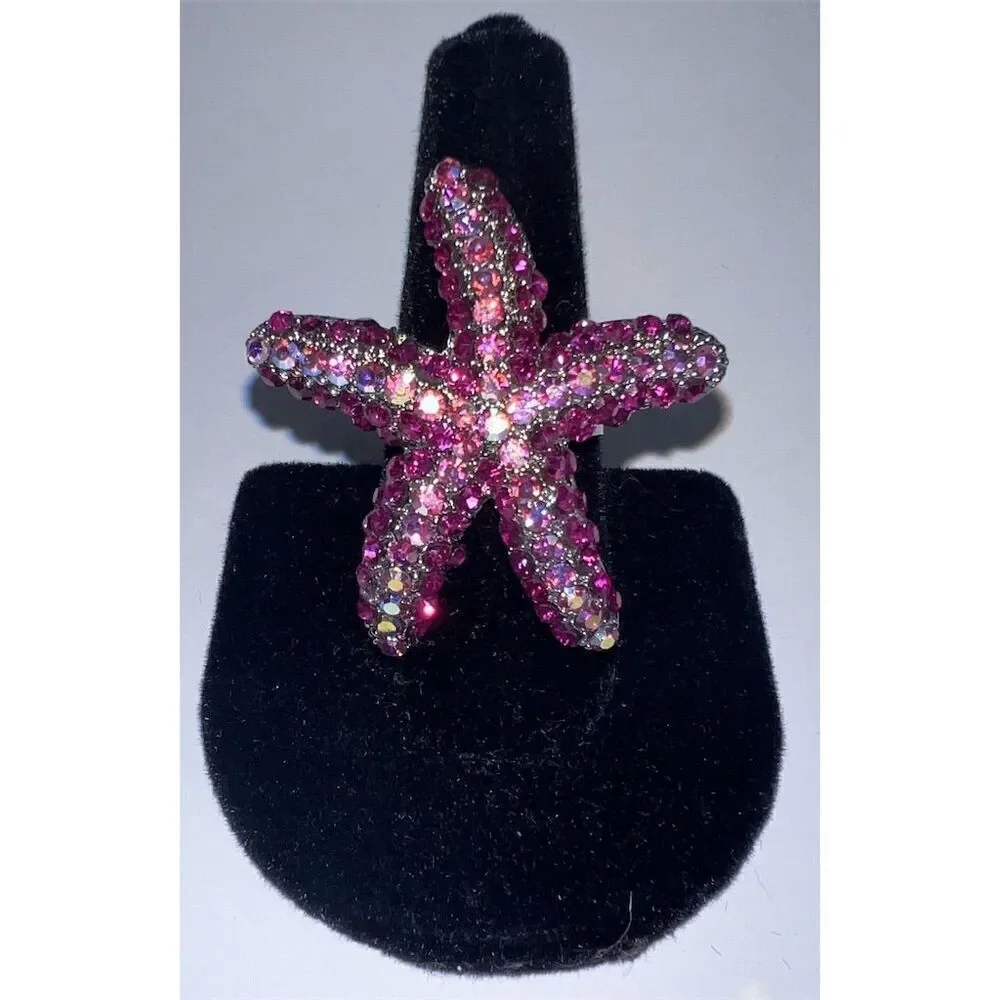 Neon Fuchsia Pink Crystal Starfish Adjustable Ring Ocean Theme
